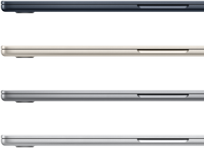 Four MacBook Air laptops, closed, showing the finish colors available: Midnight, Starlight, Space Gray, and Silver